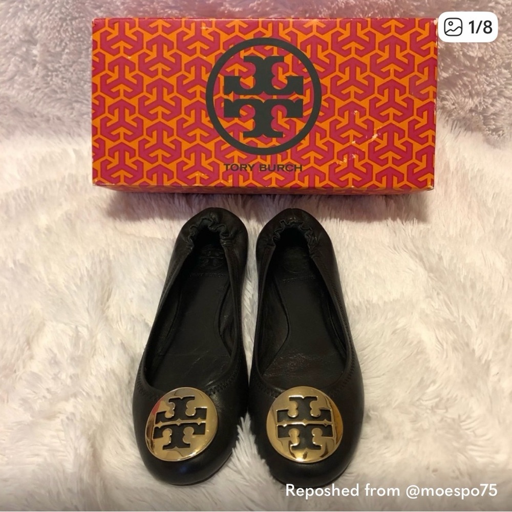 Tory Burch Black Flats with Gold Logo